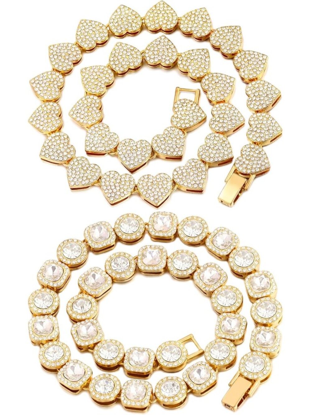 Gold Clustered Diamond Tennis & Heart Necklace Set, Hip Hop Jewelry for Women